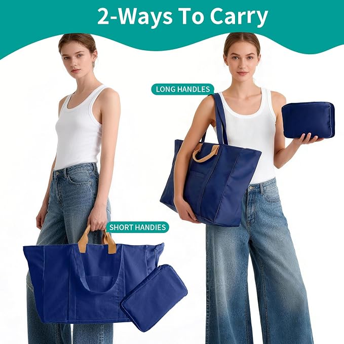 20" 12 Gal Extra Large Canvas Travel Tote Bag with Zipper | Oversized foldable lightweight tote, dual handles, big weekender carry tote for travel, shopping, overnight trip - Image 7