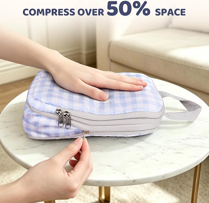 4/8 Set Compression Packing Cubes for Travel Essentials, Compressible Expandable Luggage Organizer Bags for Clothes, Durable Space Saver Storage Bags for Suitcase(4set-Blue Gingham) - Image 2