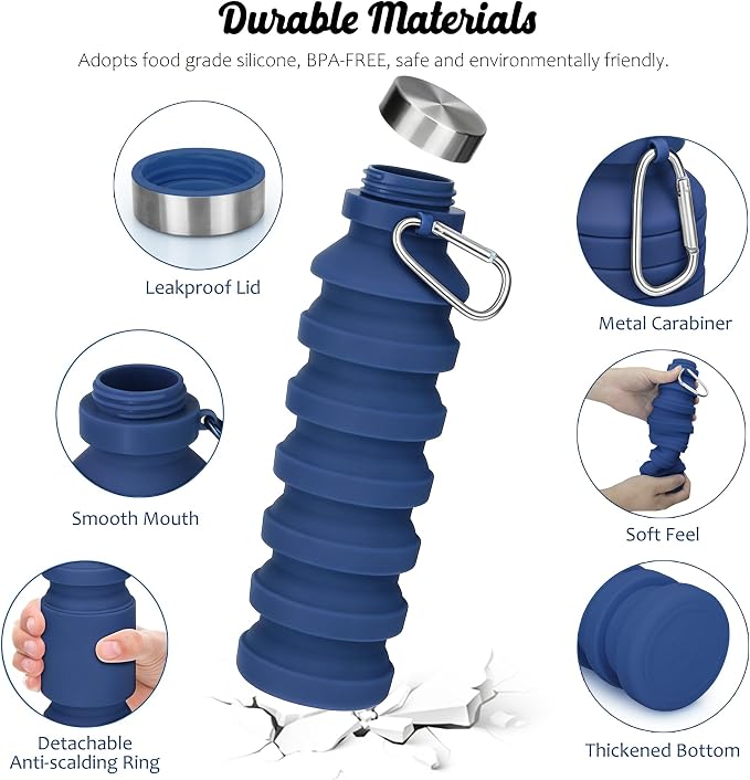 Nefeeko Collapsible Water Bottle, Reuseable BPA Free Silicone Water Bottles | Foldable Water Bottles for Travel Gym Camping Hiking, Portable Leak Proof Sports Water Bottle with Carabiner - Image 6