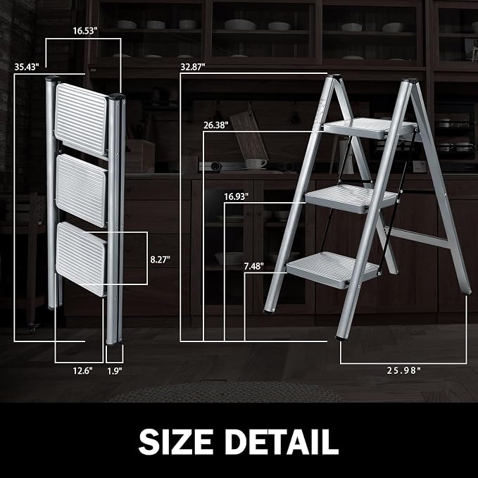 3 Step Ladder, Steel Folding Step Stool with 330lbs Heavy Duty | Anti-Slip Wide Pedal | 1.9" Slim Fold | Ideal for Kitchen Cabinets, Closet Organizing, Pantry Shelves & Plant Display - Image 7