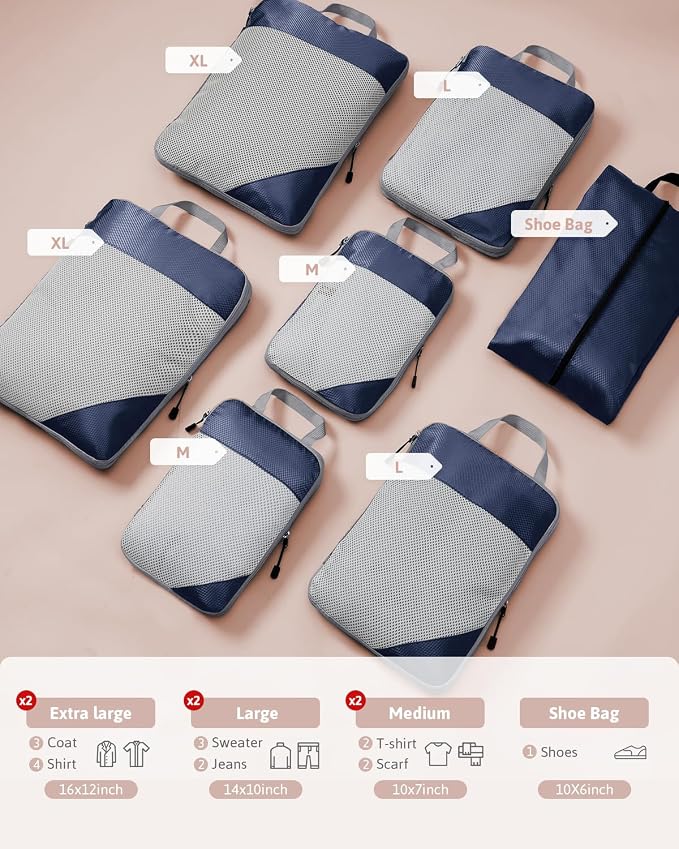 Meowoo 7 Set Compression Packing Cubes for Travel, Durable Ripstop Mesh Suitcase Organizer with Shoe Bag, Ultralight & Expandable Space Saver Travel Cubes - Image 2