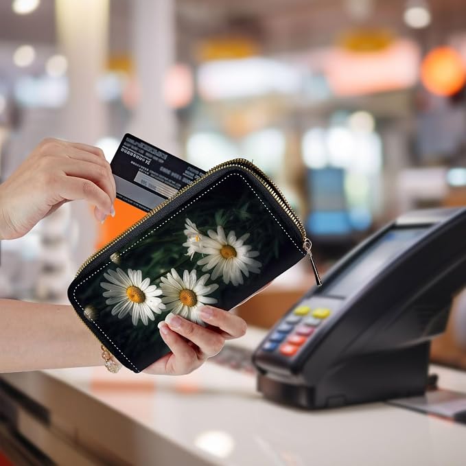 Wallet,Leather Long Wallet Suitable For Ladies And Teenagers - Detachable Wristband + RFID Travel Wallet With Card Slot - White and Yellow Daisy Flowers - Image 5