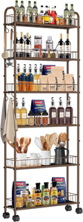 6in 6-Tier Slim Storage Cart with Wheels, Metal Narrow Rolling Shelf, Sturdy Slim Storage with Hooks Ideal for Kitchen, Bathroom, and Laundry Room (Champagne Gold) by RUOZTEOO