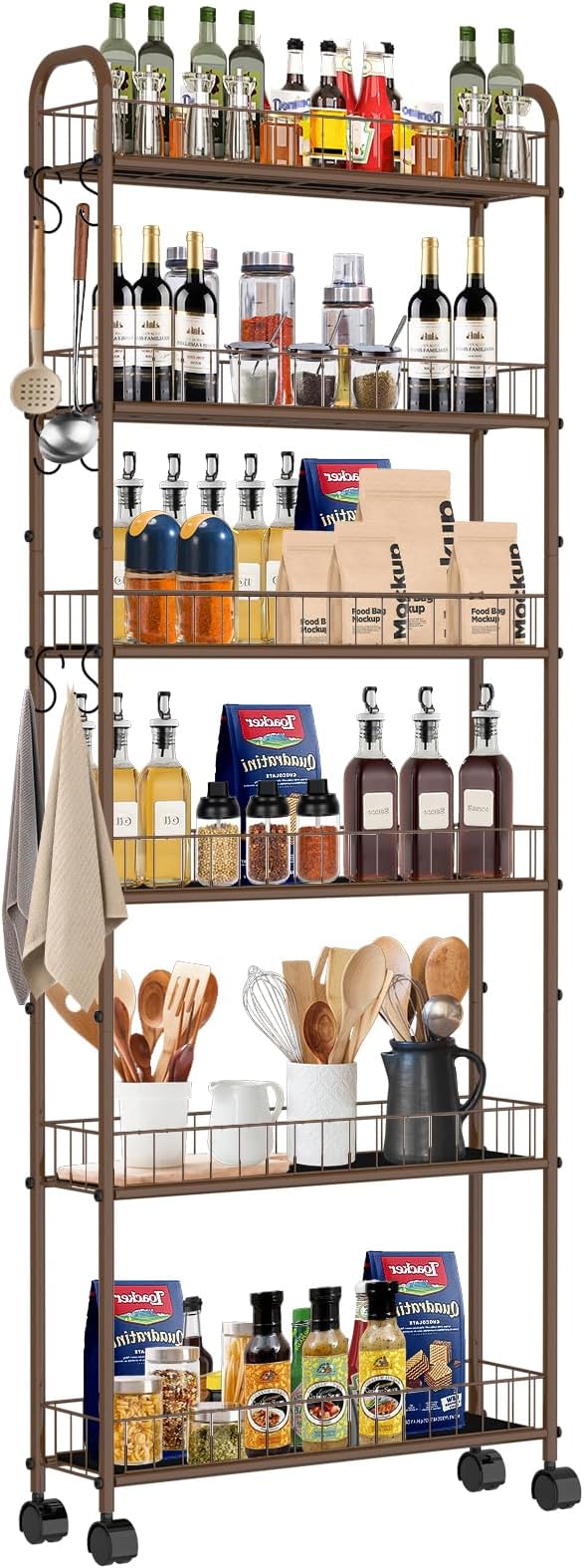 6in 6-Tier Slim Storage Cart with Wheels, Metal Narrow Rolling Shelf, Sturdy Slim Storage with Hooks Ideal for Kitchen, Bathroom, and Laundry Room (Champagne Gold) by RUOZTEOO