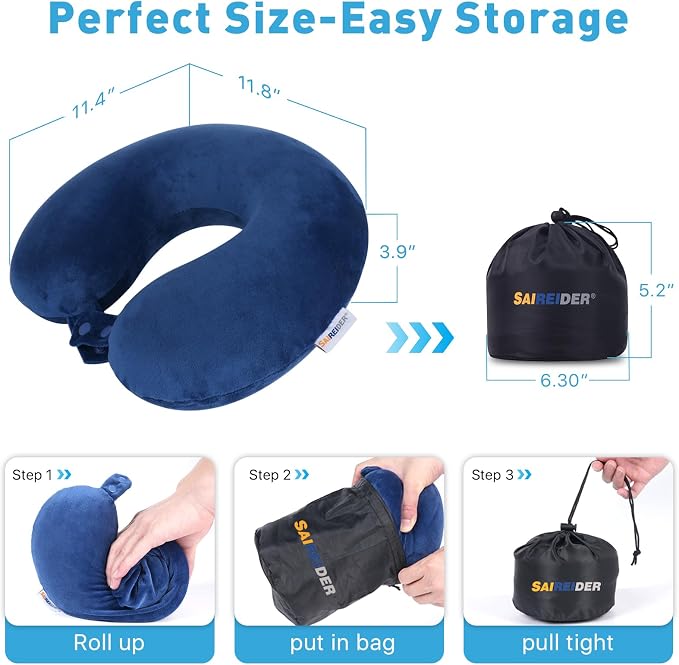 SAIREIDER Travel Pillow 100% Memory Foam Airplanes Neck Pillows -Prevent The Heads from Falling Forward Travel Neck Pillows with Sleep Mask and Earplugs (Navy Blue) - Image 6