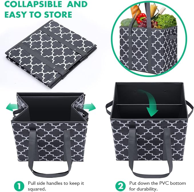 WISELIFE Reusable Grocery Bags 3-Pack Foldable Washable Large Storage Bins, Dark Grey - Image 6