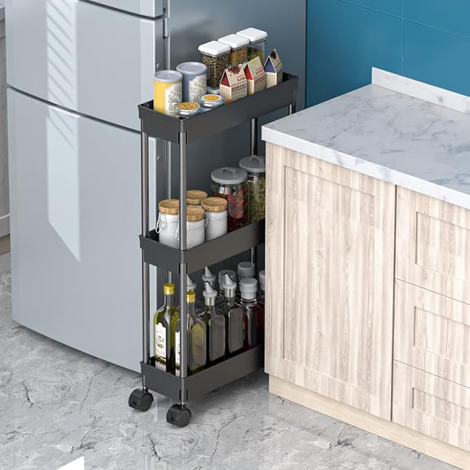 Sooyee 3 Tier Rolling Cart with Wheels, Black | Slim Storage Cart, Narrow Storage Cabinet, Under Desk Storage, For Office Bathroom Kitchen Laundry Room - Image 4