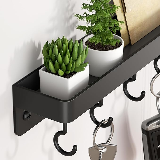 niffgaff Black Key Holder Wall Mount, Stainless Steel Self Adhesive Hooks Rack with Shelf, No Drill Key Hanger for Door and Wall - Image 5