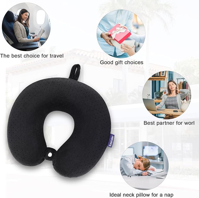 Black Travel Neck Pillow Memory Foam Airplane Pillow for Neck and Head Support Soft Portable U Shape Neck Pillow for Plane, Car & Home Office Use - Image 6
