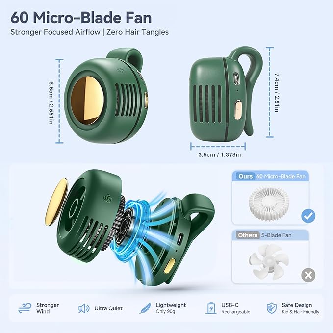 Portable Clip-on Fan Silent Bladeless Mini Fan | 360°Rotation 3-speed Modes Whirlwind Waist Clips Fans Hands-Free Cooling Fan Outdoor Trip Work Travel Green - Image 3