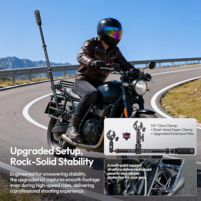 ULANZI VL03 40in Invisible Selfie Stick Motorcycle Bike Mount Kit | for Insta360 X5 X4 X3/DJI Osmo 360, 40in Adjustable, Quick-Release, for GoPro DJI Insta360 Action Cameras Clamp Mount - Image 2