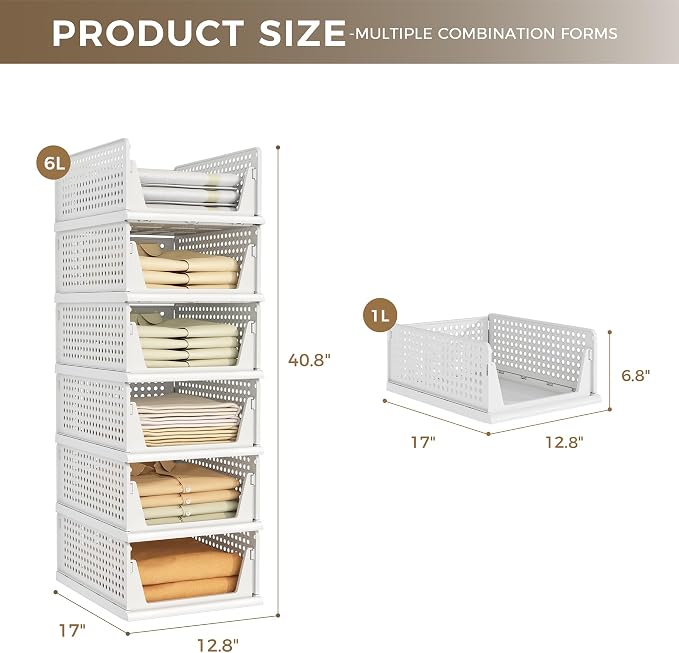 6 Pack Closet Organizer Storage Bins Stackable Plastic Drawer Shelf | Basket for Clothing Stackable Storage Bins Shelf Storage Container for Closet Wardrobe Bedroom Bathroom Office White Foldable - Image 2