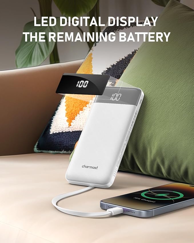 charmast Portable Charger Built-in Cables, 10000mAh Slim Power Bank Pocket | 22.5W Fast Charging Battery Pack for iPhone 17/16/15 Samsung Android, Flight-Approved, Multi-Device, USB-C, Daily Commute - Image 7