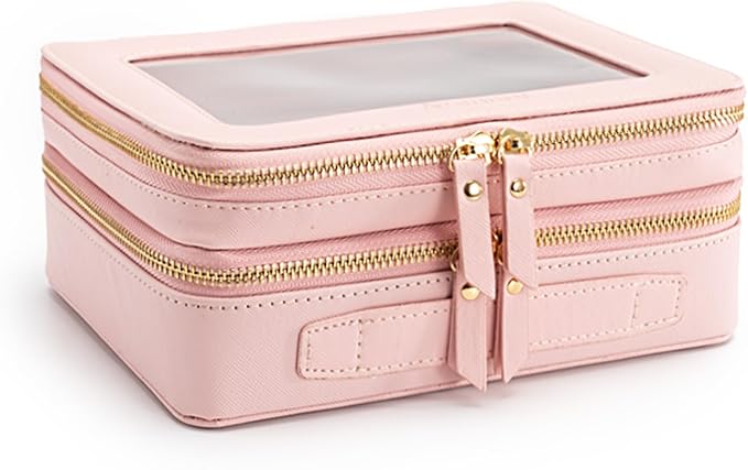 Aveniee XL Clear Makeup Organizer,Double Layer Travel Cosmetic Case with Brush Holder & Zippered Compartments,Big Toiletry Bag for Travel Accessories,2 Layers Large,Pink - Image 6