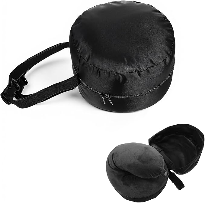 Neck Pillow Bag, Compresses Neck Pillow Case with Zipper, Quick Release Clasp Attaches to Luggage for Travel, Journey Airplane Train, Pillows Not Included, Black by Unknown