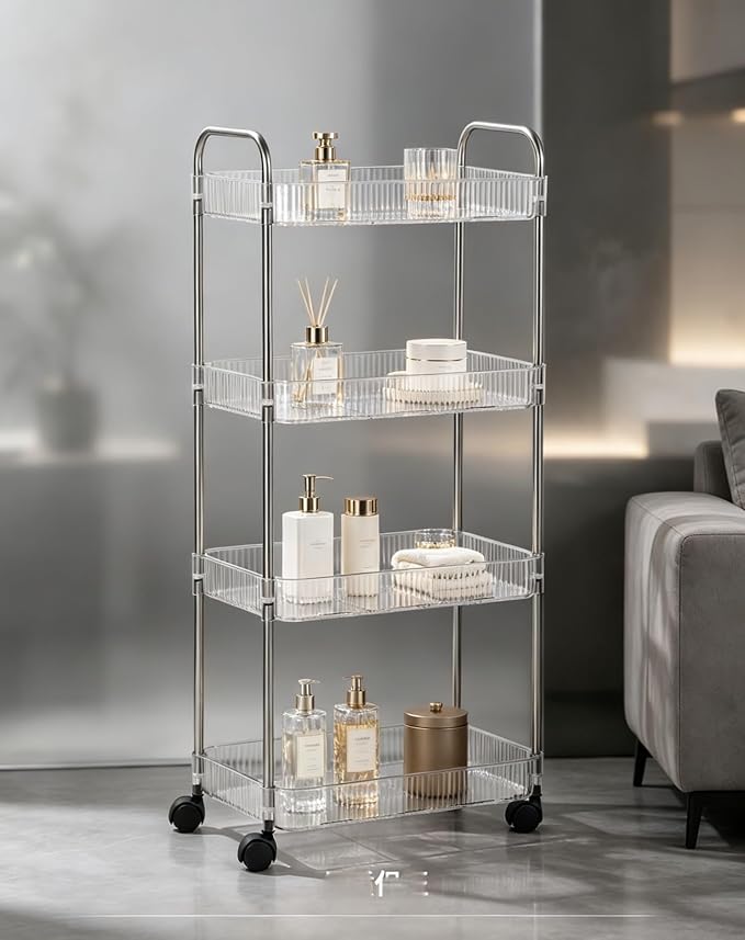Sooyee Clear 4-Tier Plastic Rolling Utility Cart with Wheels | Multi-Functional Storage Trolley, For Office, Living Room, Kitchen, Movable Storage Organizer - Image 7