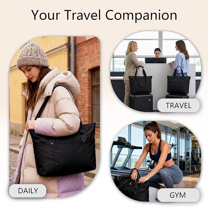 Dimore 2 Pack Foldable Tote Bags for Women, Black Large Capacity Travel Shoulder Bag Set Lightweight Waterproof Work Gym Shopping Handbags with Pockets - Image 6