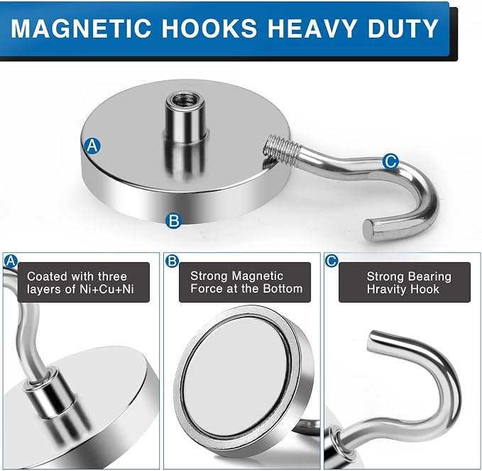 LOVIMAG Magnetic Hooks for Cruise Cabins, 130LBS, 12Pack | Heavy Duty Neodymium Magnet with Hook Essentials for Classroom, Fridge, Ceiling, Hanger, Silver - Image 3