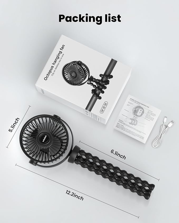 Portable Stroller Fan, 5200 mAh Rechargeable Personal Fan, with 360° Rotate Flexible Tripod and TYPE-C Port 3 Speed Small Mini USB Clip-on Fans Can Handheld and Desk for Stroller Car Seat Crib Outdoor - Image 7