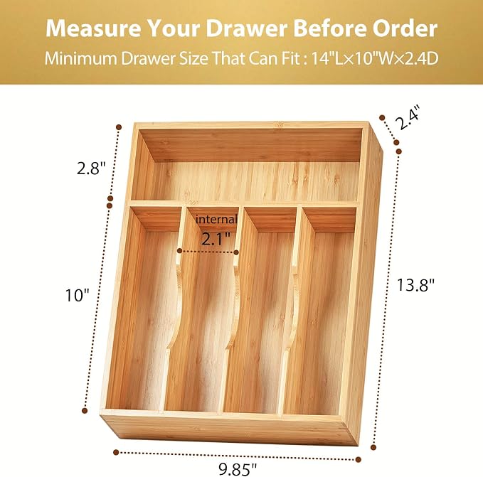 Kitchen Drawer Organizer, 10 Inch Silverware Utensil Tray Holder, Extra Deep, with Non-Slip Feet & Grooved Drawer Divider, 5 Slots Total Bamboo Wood Caddy for Flatware Cutlery Knives - Image 5