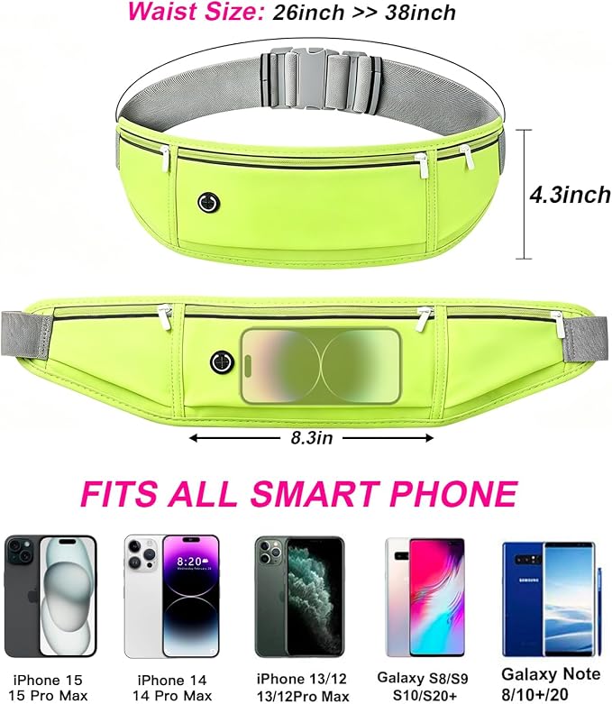 Slim Running Belt for Women Men,Runners Fanny Pack Phone Holder,Money Belt,Running Gear Accessories,with 3 Pockets (Fluorescent green) - Image 3
