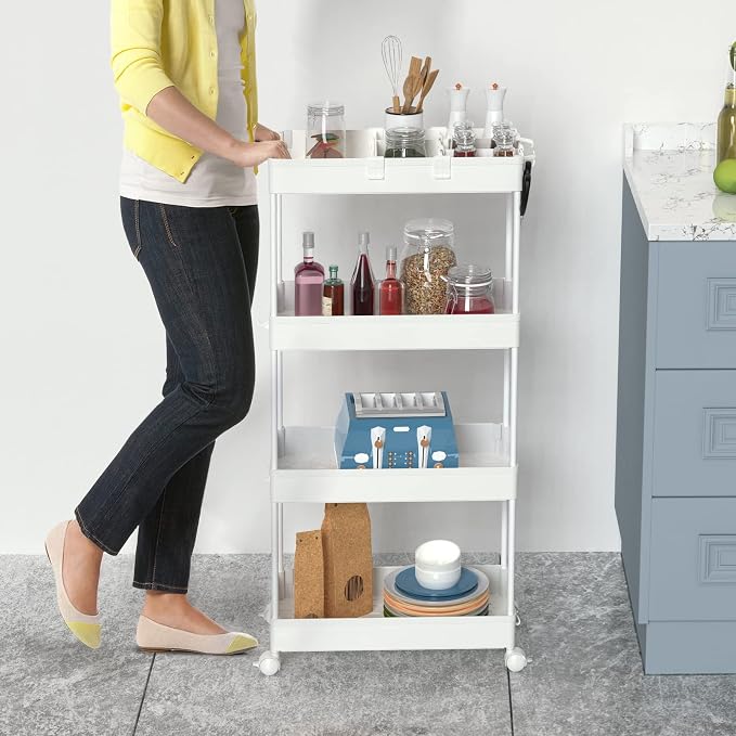 4 Tier Rolling Cart with Wheels, Storage Craft Art Trolley Organizer Serving, 3 Hanging Baskets Easy Assembly, for Office, Living Room, Kitchen - Image 5