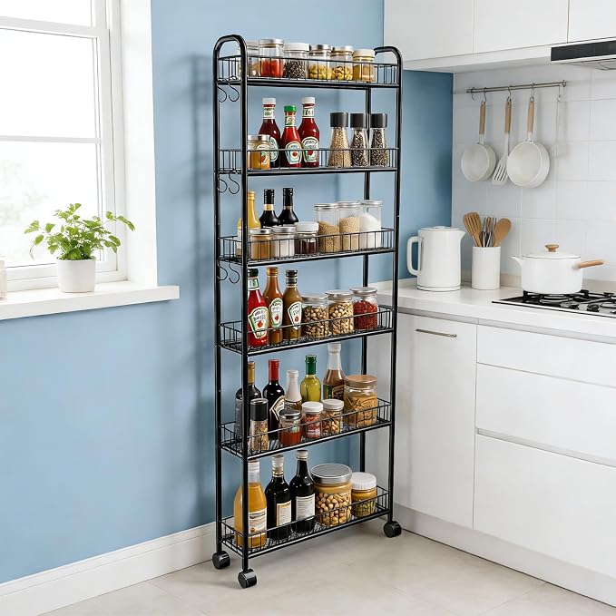 6in 6 Tier Slim Storage Cart with Wheels, Narrow Space Rolling Shelving Unit, Metal Wire Mobile Organizer Rack for Kitchen Bathroom Office Laundry - Image 7