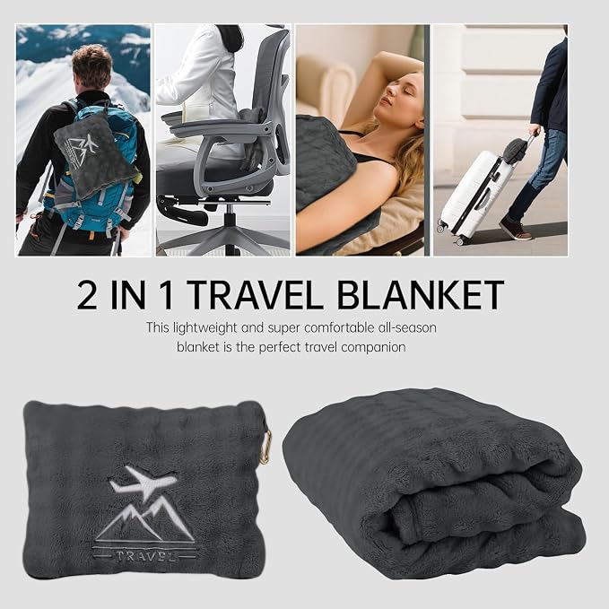 Travel Blanket and Pillow-2-in-1, Ultra-Soft&Compact, Airplane Blanket with Hand Luggage Belt and Backpack Clip,Travelers Accessories Gifts, 61x43 Inches（Dark Gray） - Image 2