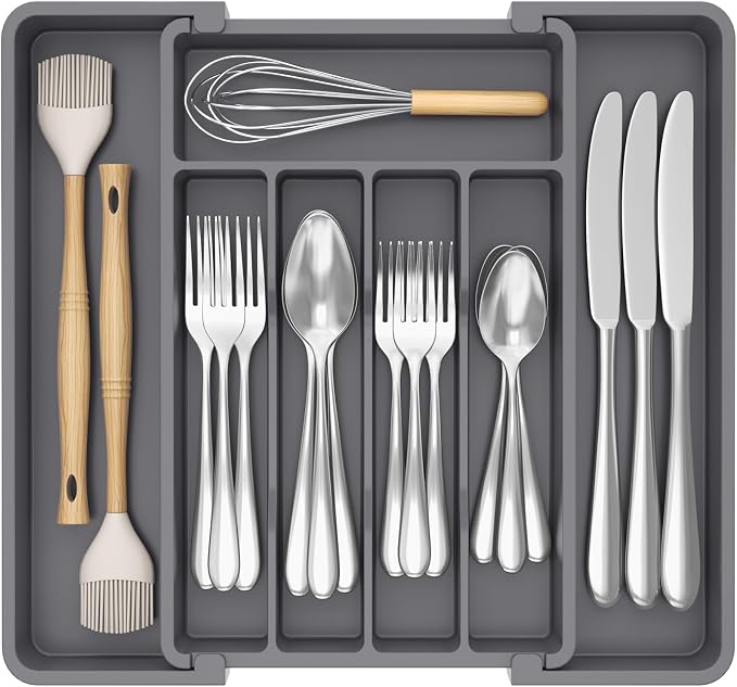 Lifewit Expandable Silverware Drawer Organizer, Kitchen Utensil Tray | BPA-free Plastic Flatware Cutlery Holder, Space-Saving Storage for Spoons Forks Knives, 8.5-14 x 12 x 1.5“, Dark Gray by Lifewit