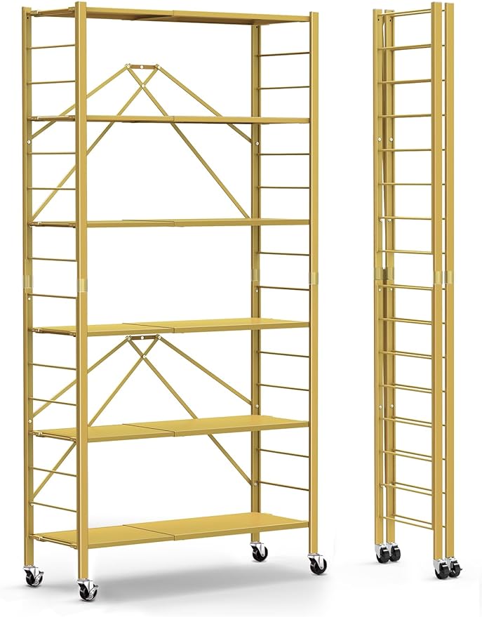 Himix 6-Tier Foldable Storage Shelves Expandable Shelf Wheels Gold 2-in-1 | Folding shelving units, Metal collapsible organization, Changeable into 2 shelf units, Bookshelf, Garage, Holds 3600 Ibs by Himix