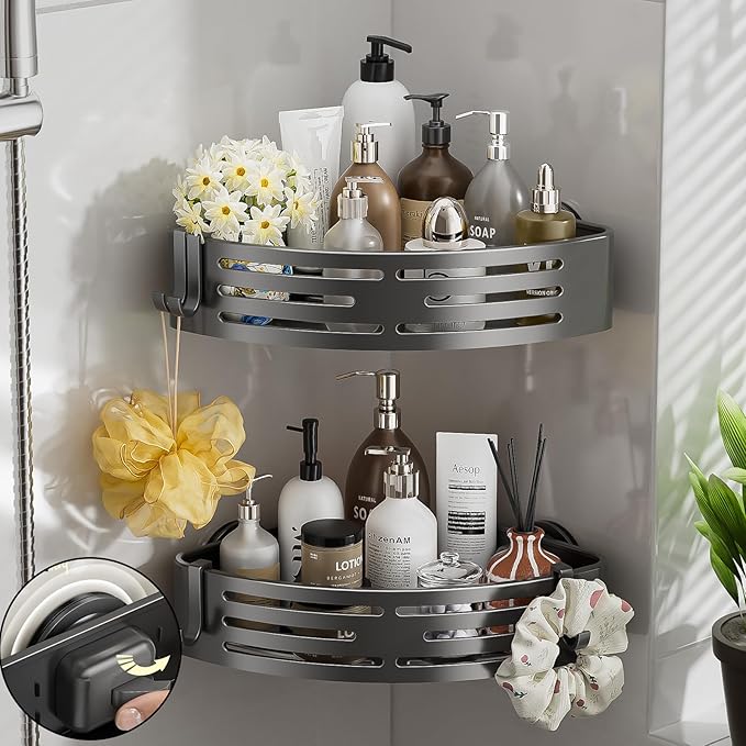 Corner Shower Caddy Suction Cup,Shower Shelves with Hooks,No Drilling Powerful Suction Bathroom Organizers and Storage,Removable Waterproof Rustproof Shower Bathroom Accessories Decor(Grey 2Pack) by ONXEBornforqualityNeverWasteYourMoney