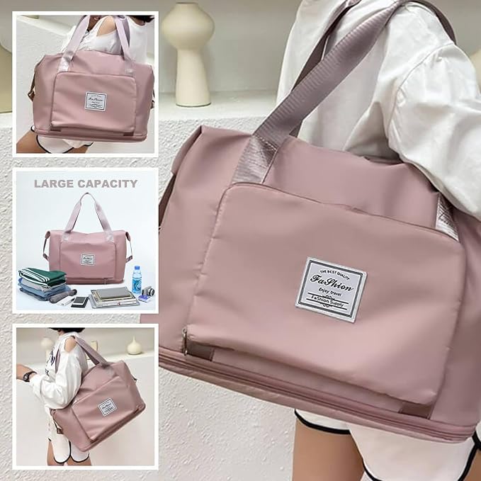 Large Capacity Folding Travel Bag, Lightweight Waterproof Luggage Bag, Expandable Travel Duffel Bag, Dry Wet Separated Gym Tote Bag, Weekender Overnight Bags for Women and Man (Pink) - Image 3
