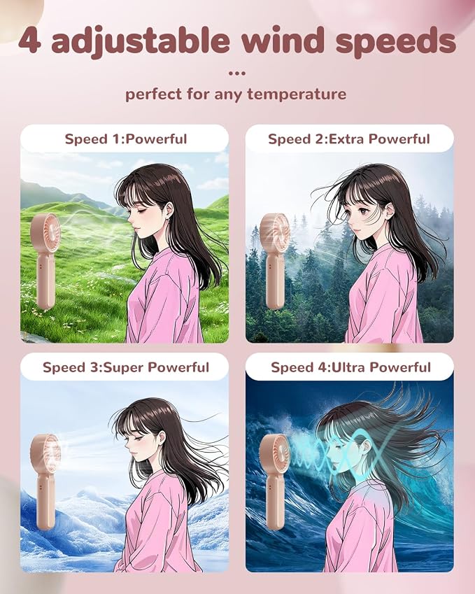 Strong Wind Handheld Fan with 4 Speeds,High-Power Motor,USB Rechargeable Portable Fan up to 10H Runtime for Travel Office Outdoor‌ - Image 5