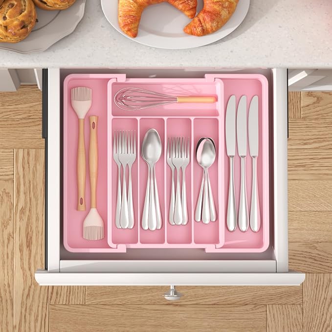 Lifewit Expandable Silverware Drawer Organizer, Kitchen Utensil Tray | BPA-free Plastic Flatware Cutlery Holder, Space-Saving Storage for Spoons Forks Knives, 8.5-14 x 12 x 1.5“, Pink - Image 8