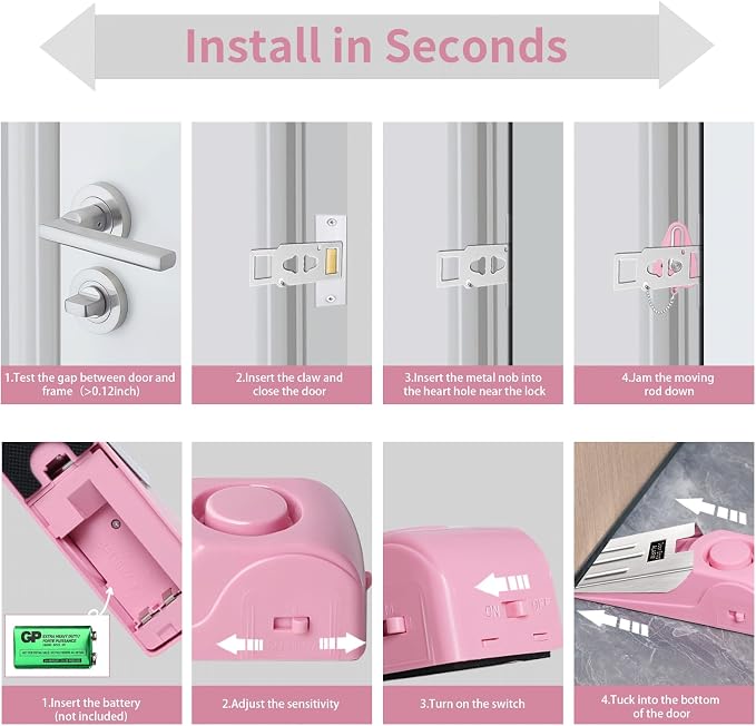 Portable Door Lock & Door Stop Alarm Set, Dual Protection Home Security Door Kit, Travel Hotel Door Lock Devices Pocket Self Defensey Tools for Traveling Hotel Home Apartment,Pink - Image 6