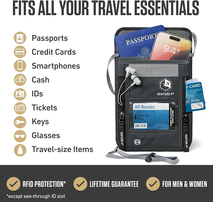 VENTURE 4TH Travel Neck Wallet, RFID Blocking Passport Holder - Gray - Image 2