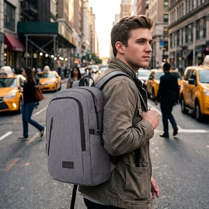 Mancro Laptop Backpack for Travel, Anti-theft Business Backpack for Men | Water Resistant Work Daypack with Lock, Travel Computer Bag with Laptop Compartment Fits 15.6 Inch Laptop for Men Women, Grey - Image 6