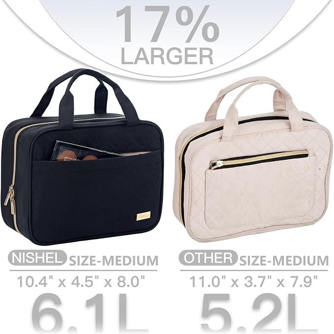 NISHEL Travel Toiletry Bag for women, Portable Hanging makeup Organizer | for Travel-Sized Shampoo, Conditioner, Brushes Set, makeup Accessories, Medium Size, Black - Image 3