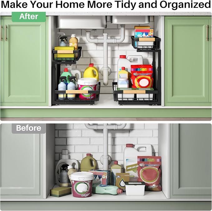 Kitstorack Under Sink Organizer, 2 Tier Under the Sink Storage, Slide out Pull out Cabinet Organizer Shelf, Metal Sliding Drawer for Kitchen Bathroom Pantry Closet Organization Rack, Black, 2 Pack - Image 8