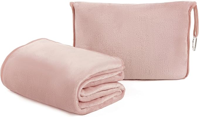ShezPretty Premium 2in1 Soft Travel Blanket Pillow with Airline Hand Luggage Sleeve and Backpack Clip Airplane (Light Pink) by ShezPretty