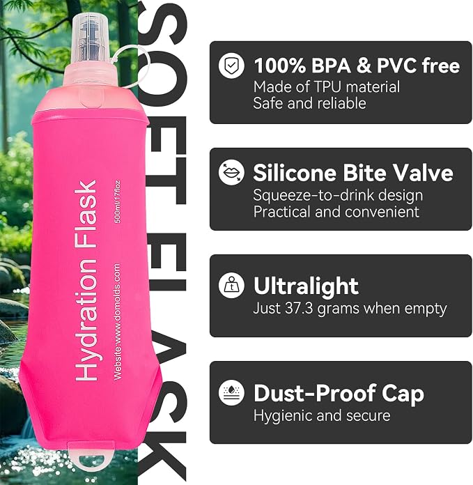 2 Pack 500ml Soft Flask, Shrink As You Drink Collapsible Water Bottles for Running Vest & Hydration Pack, BPA-Free Leak-Proof TPU Folding Bottle for Hiking Cycling Climbing Jogging-Pink - Image 2