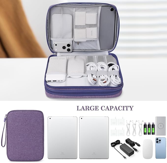FYY Electronic Organizer, Travel Tech Pouch Bag, Extra Large, Dark Purple | Wrist Strap, Waterproof, Double Layers Electronics Travel Case for iPad, Cord, Laptop Charger, Daily and Business Trips Use - Image 6