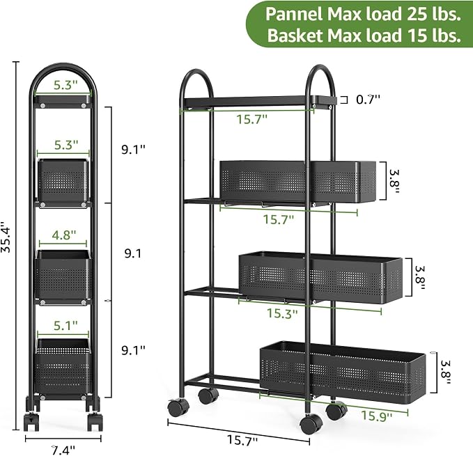 KINGRACK 4 Tier Slim Rolling Cart with Drawer, Metal Utility Storage Cart | 3 Pull-out Baskets, Lockable Wheels, Narrow Space Trolley Organizer for Bathroom, Kitchen, Office, Dorm, Laundry Room, Black - Image 8