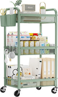 3 Tier Metal Rolling Cart, Green Utility Storage Cart with Wheels | Metal Mesh Craft Cart With Hooks & Hanging Cups, Ideal For Kitchen, Bathroom, Office, Dorm, Art Workspace, Bedside Storage by YASONIC