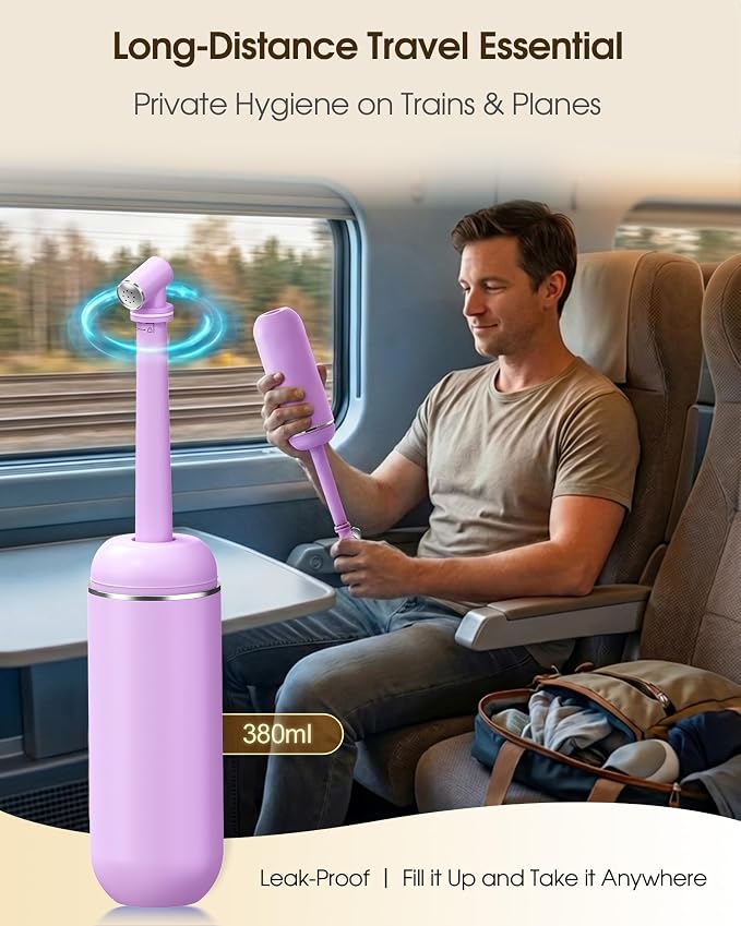 Portable Bidet for Travel & Camping - Manual Squeeze Peri Bottle Handheld | 3 Leak-Proof Seals | BPA-Free | Feminine Hygiene Care Postpartum | Extendable Sprayer with Nozzle for Men&Women-Light Purple - Image 2