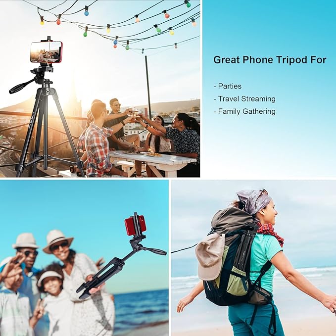55" Phone Tripod, PHOPIK Aluminum Extendable Tripod Stand with Shutter, Carrying Bag, Compatible with iPhone/Android/Sport Camera&Insta 360 x5 Perfect for Video Recording/Selfies/Live Stream/Vlogging - Image 3