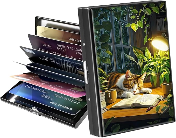 Metal Wallet,Credit Card Holder for Women Men,RFID Blocking Card Holder Mini Slim Aluminum Wallet ID Case Hard Case Business Card Holder Case,Cat Book Plant by ACWDMKH