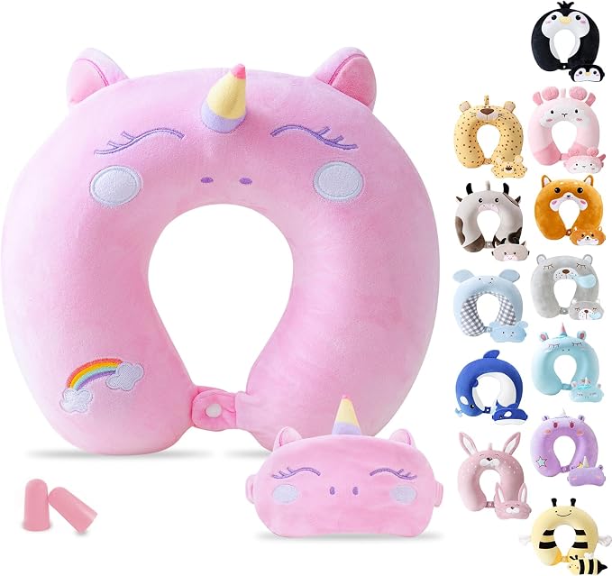 Cirorld Travel Pillow for Kids Adult Cute Neck Pillow for Traveling Memory Foam Airplane Pillow Sleep Mask Animal Flight Pillow Head Rest Neck Support for Cars Long Flights (Pink, 9-12 Y/O) by CIRORLD