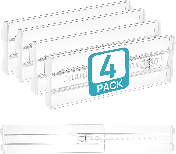 Vtopmart 4" High Drawer Dividers for Clothes, 13"-22" Adjustable, 4 pack | Expandable Dresser Drawer Organizer, Clear Plastic Separators for Dresser, Baby Clothing, Underwear, Cosmetic, Toiletries by Vtopmart