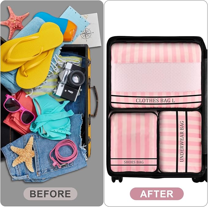 9 Set Packing Cubes Luggage Packing Organizers for Travel Accessories Space Saving Travel Bags for Carry On, Lightweight Mesh Zipper, Clothes, Shoes and Laundry Bag, Suitcases (Pink Streak) - Image 6
